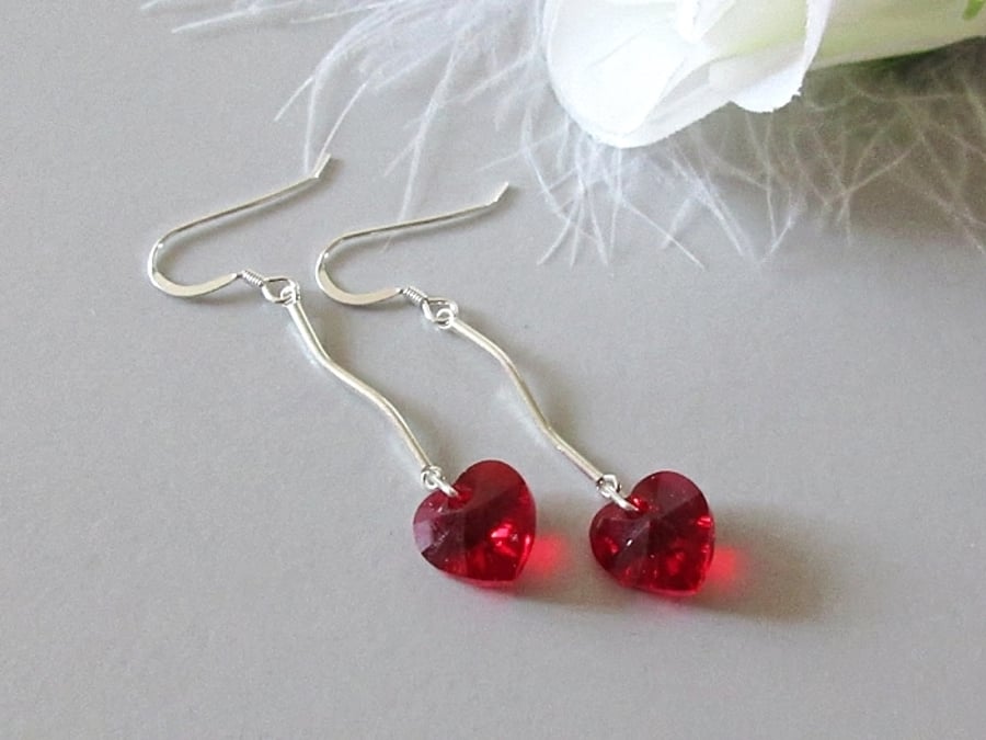Red Heart Crystal Valentine Earrings With Sterling Silver Curved Bars