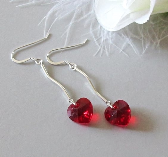 Red Heart Crystal Valentine Earrings With Sterling Silver Curved Bars
