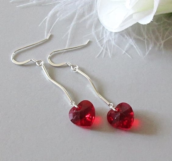 Red Love Heart Crystal Earrings With Sterling Silver Curved Bars