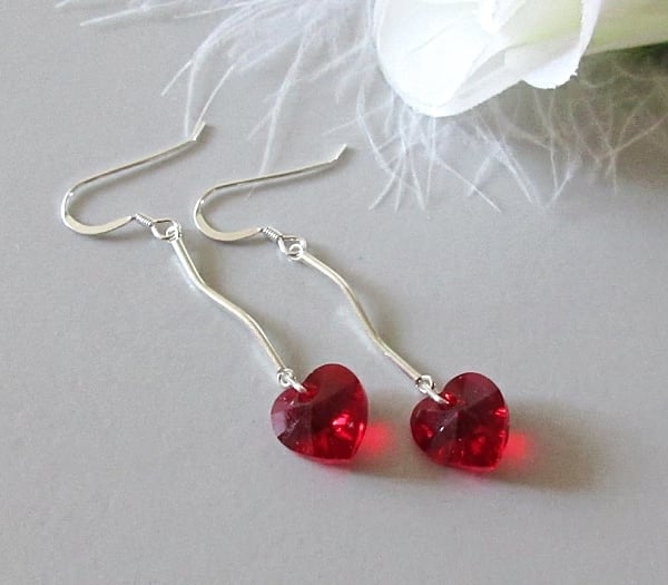 Red Love Heart Crystal Earrings With Sterling Silver Curved Bars