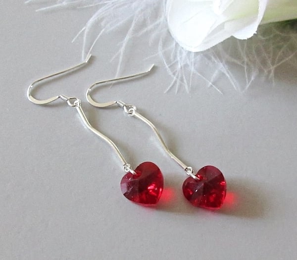 Red Heart Crystal Valentine Earrings With Sterling Silver Curved Bars