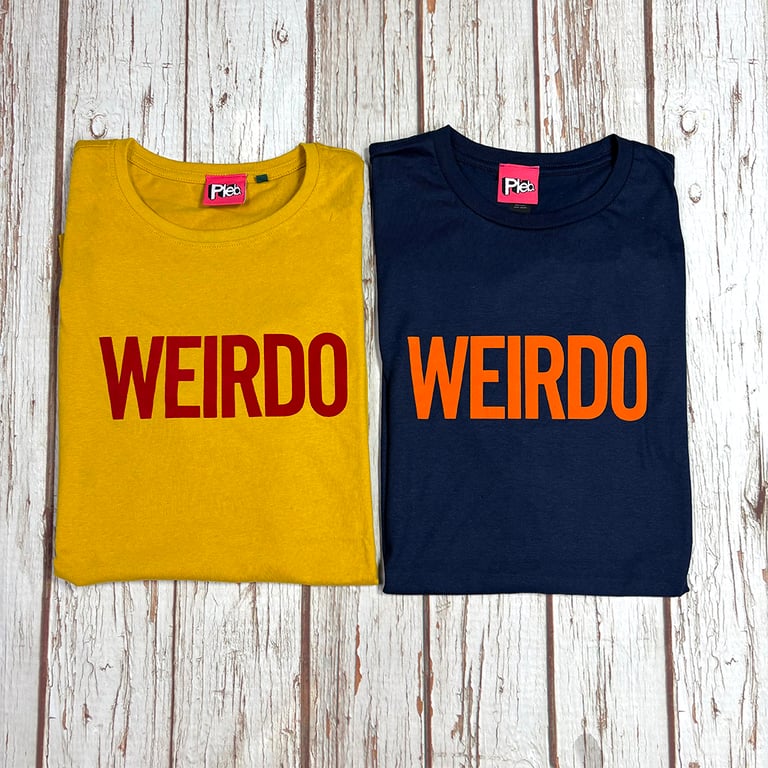 Weirdo T-Shirt. Navy blue or organic cotton mustard yellow. Bright top