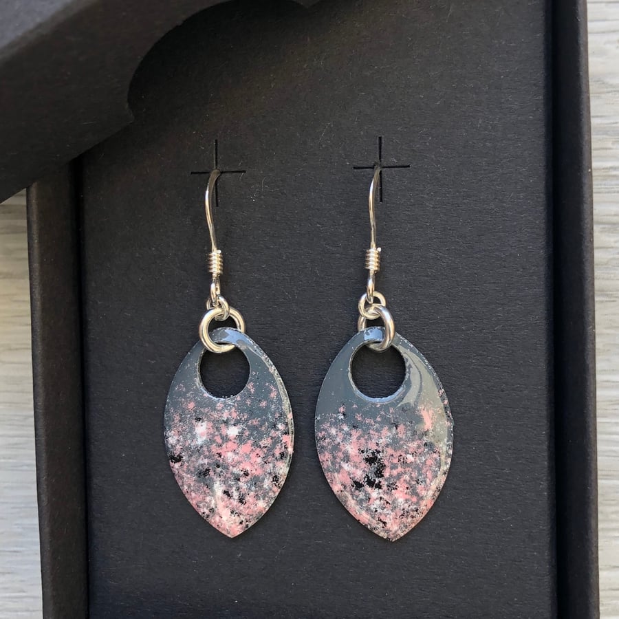 Grey, pink, white & black enamel scale earrings. Sterling silver. 