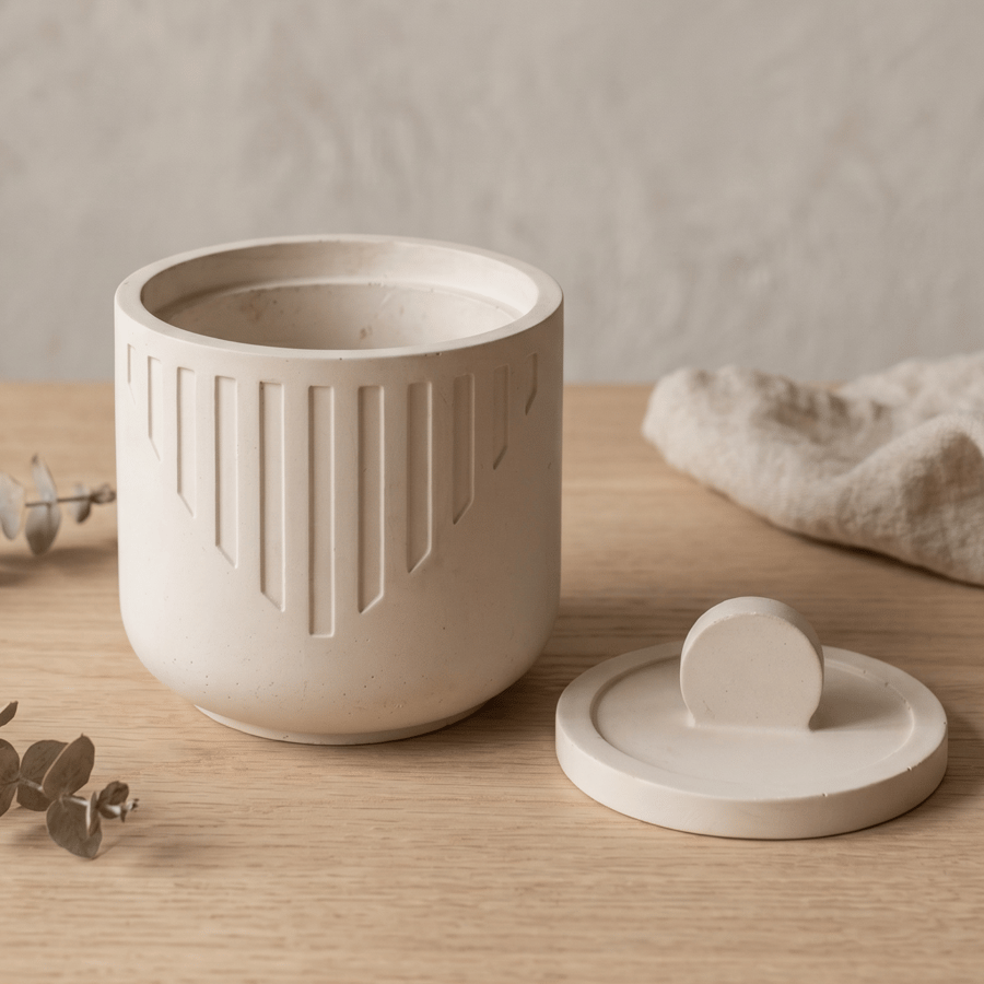 Image of White Round Jewellery Box with Lid Modern Geometric Trinket Pot