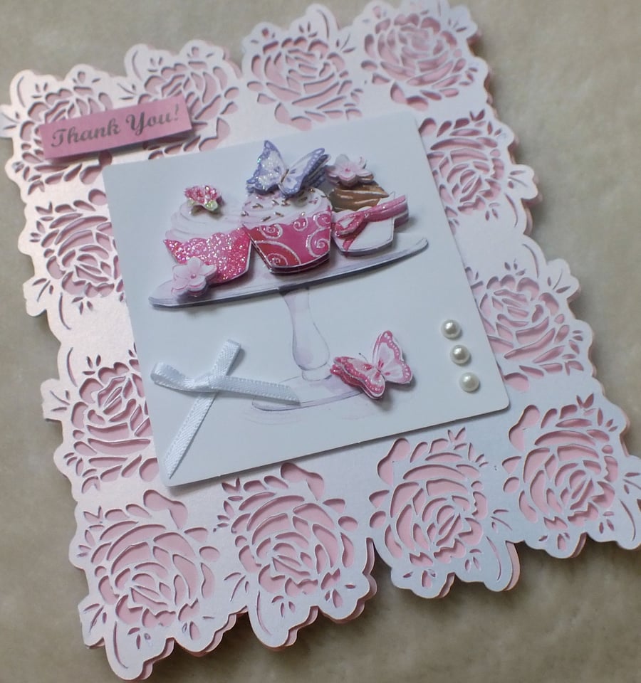 Exquisite Handmade Rose Filagree Thank You Cakes Card