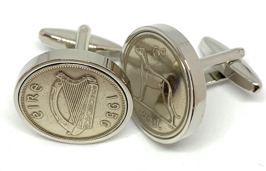 1956 birthday Irish 6d coin cufflinks- Great gift idea. 1956 birthday gif