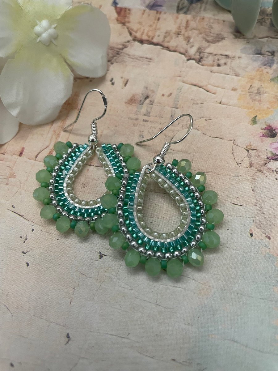 Beautiful green glass beaded tear drop hoop earrings, gift for her, boho 