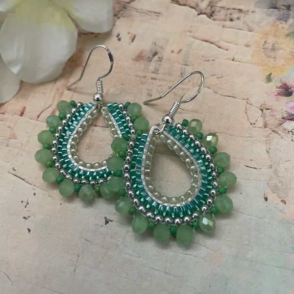 Beautiful green glass beaded tear drop hoop earrings, gift for her, boho 
