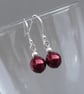 Simple Burgundy Glass Pearl Drop Earrings - Dark Red Ball Dangle Earrings - Image 4