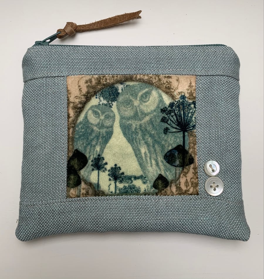 Owls velvet and linen zip pouch