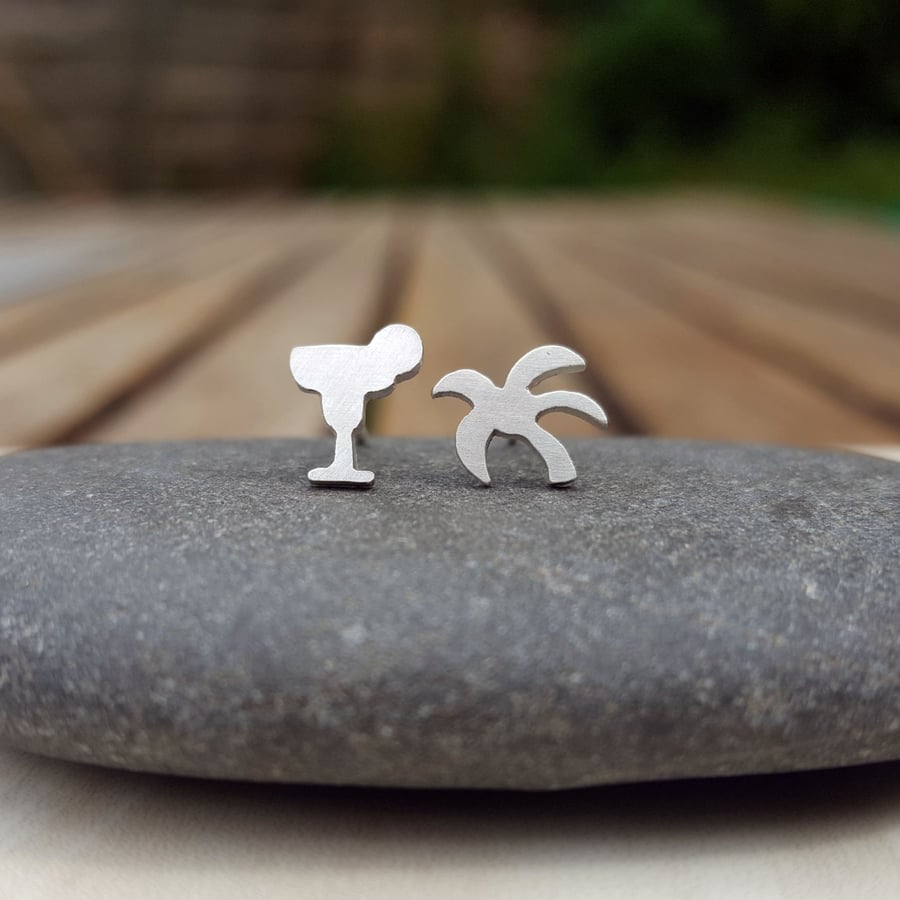 Silver beach earrings, cocktail, palm tree, cute earrings, holiday jewellery