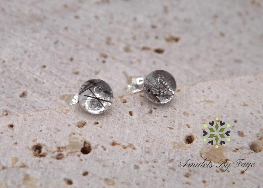 Black Tourmalinated Quartz 5mm Gemstone, Sterling Silver Stud Earrings.