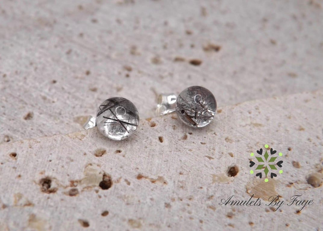 Black Tourmalinated Quartz 5mm Gemstone, Sterling Silver Stud Earrings.