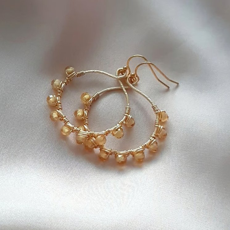  Yellow Beaded Hoop Earrings Handmade Wire Wrapped Dangle Drops Gift for Her