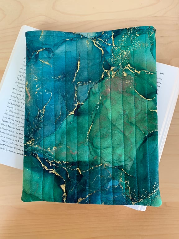 Green Jade And Gold Marble Effect Quilted Fabric Book Sleeve - Hardback Size
