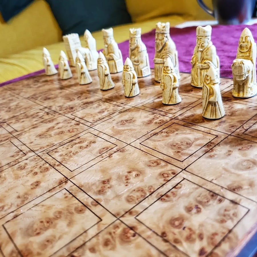 Handmade Oak Burr and Walnut Burr medium sized Chessboard with Isle of Lewis set