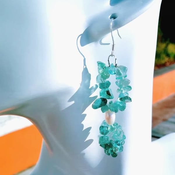 Blue Apatite Gemstone Nugget 925 Sterling Silver Long Drop Earrings