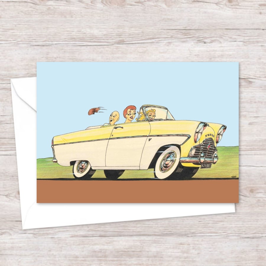 Classic Car Greeting Card: Hand Drawn Cartoon Illustration (313)