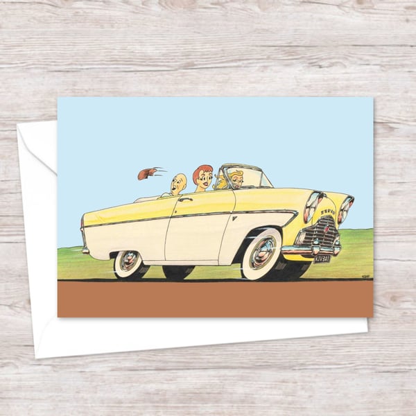 Classic Car Greeting Card: Hand Drawn Cartoon Illustration (313)