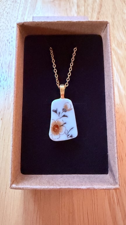 Upcycled bone china necklace orange flowers