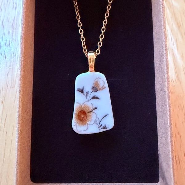 Upcycled bone china necklace orange flowers