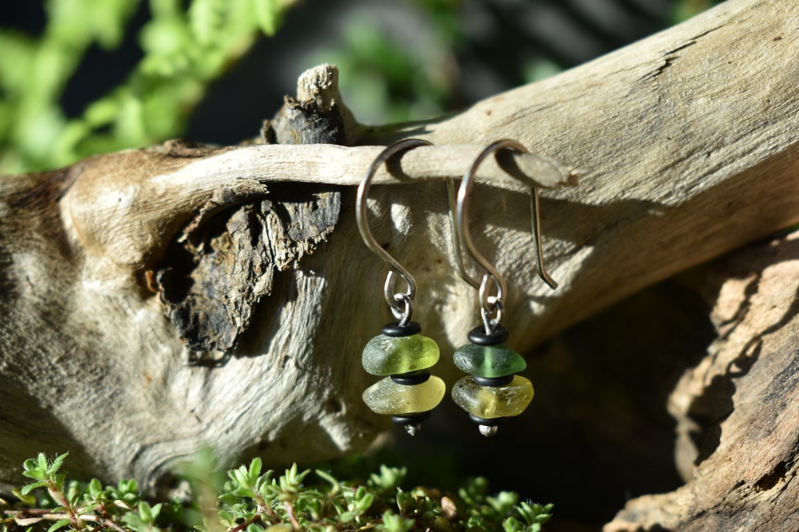 Highland Sea Glass and Sterling Silver Tiny Stacked Earrings