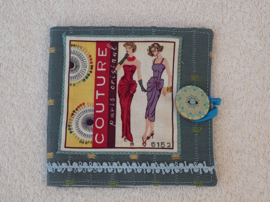 Sewing Needle Case with Sewing Couture Pattern Panel. Blue. Blue lining.