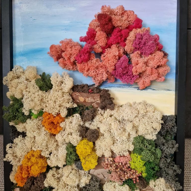 3D Preserved Moss Wall Art Mixed Media Landscape Painting with Bark 