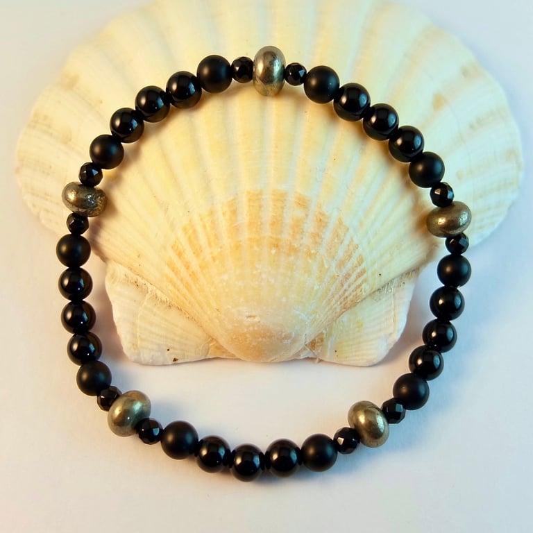 Black Onyx And Pyrite Bracelet For A Larger Wrist Size
