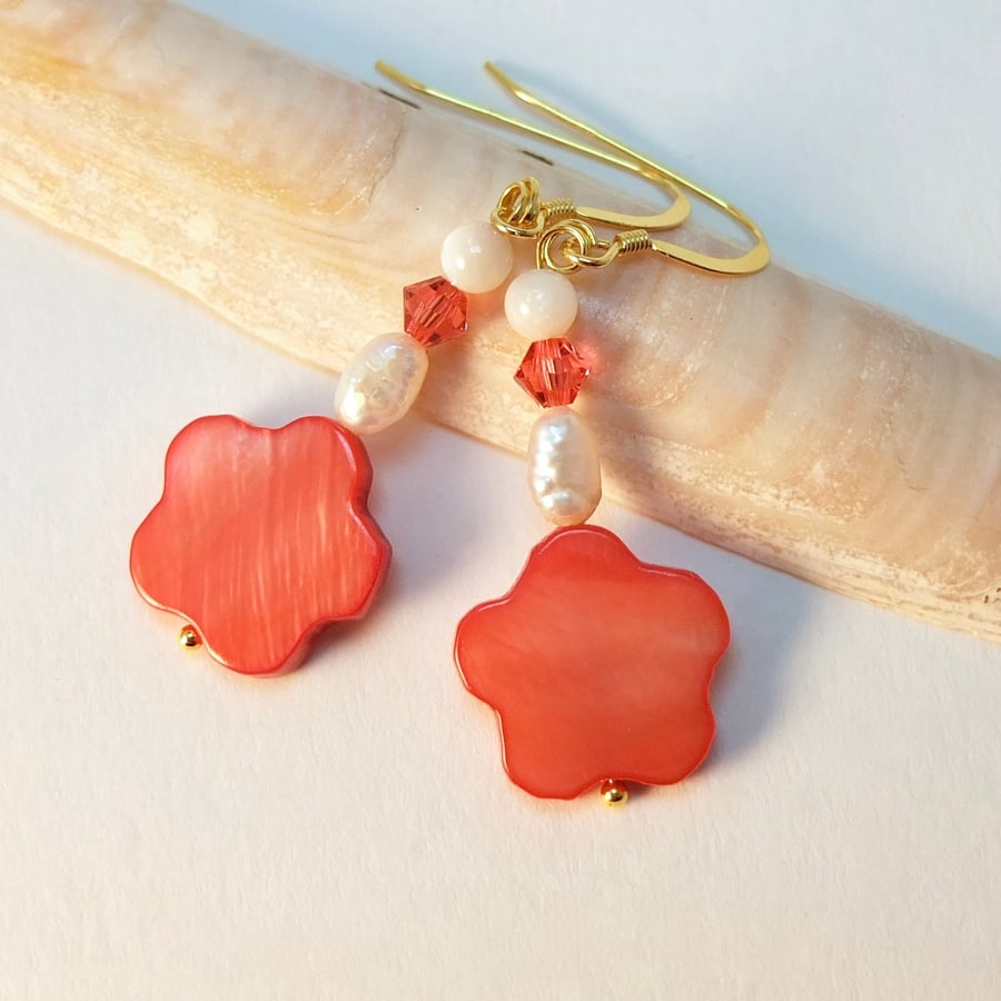 Pink Mother Of Pearl Flower, Freshwater Pearl And Swarovski Crystal Earrings 