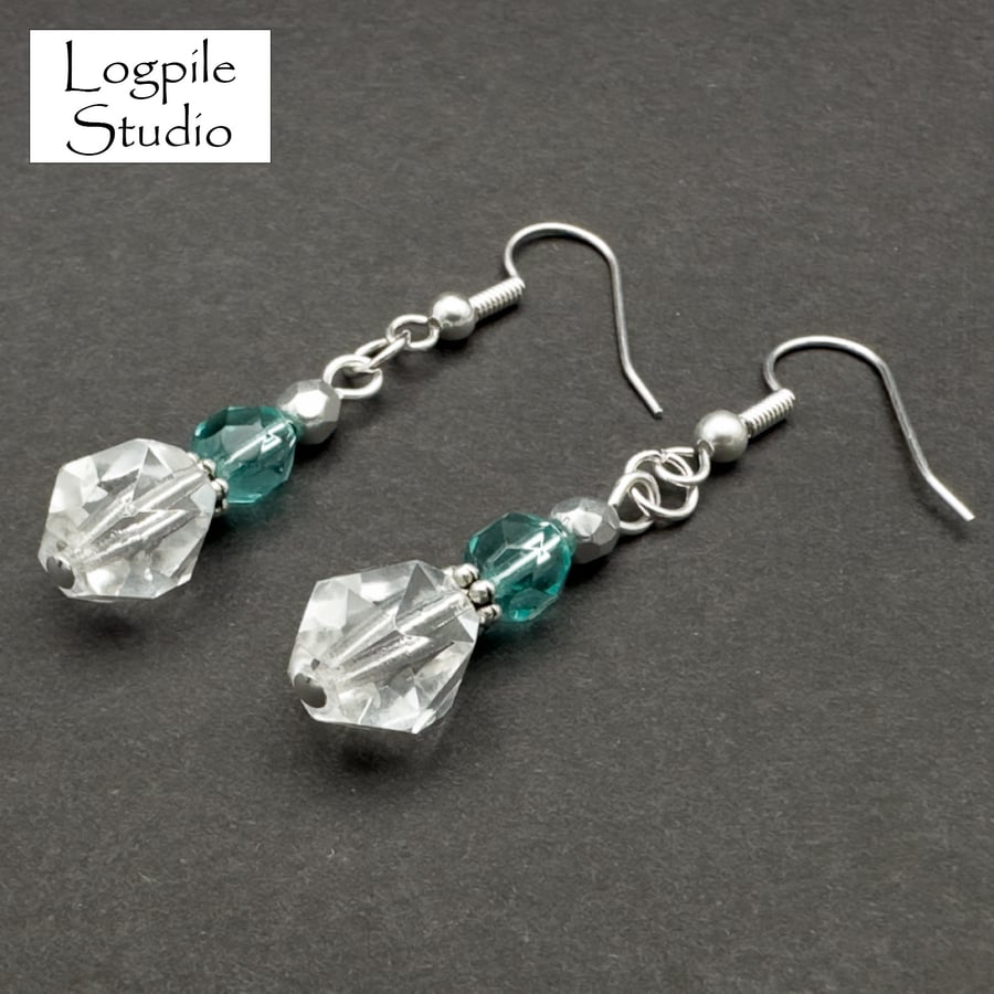 Blue-Green and Silver Bead Earrings