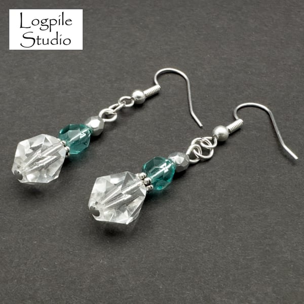 Blue-Green and Silver Bead Earrings
