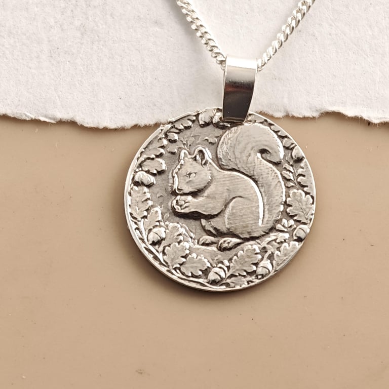 Squirrel Engraved Sterling Silver Coin Necklace