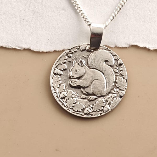 Squirrel Engraved Sterling Silver Coin Necklace