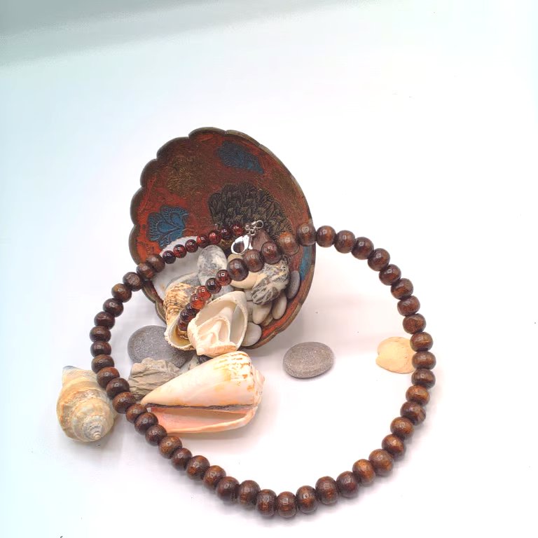 Men's  Brown Wooden Bead and Orange and Brown Glass Bead Necklace, Gift for Him