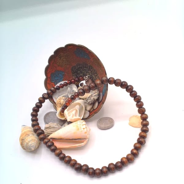 Men's  Brown Wooden Bead and Orange and Brown Glass Bead Necklace, Gift for Him