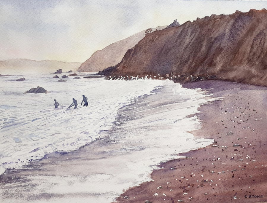 Original watercolour painting, Summer Evening Swimmers at Portwrinkle, Cornwall