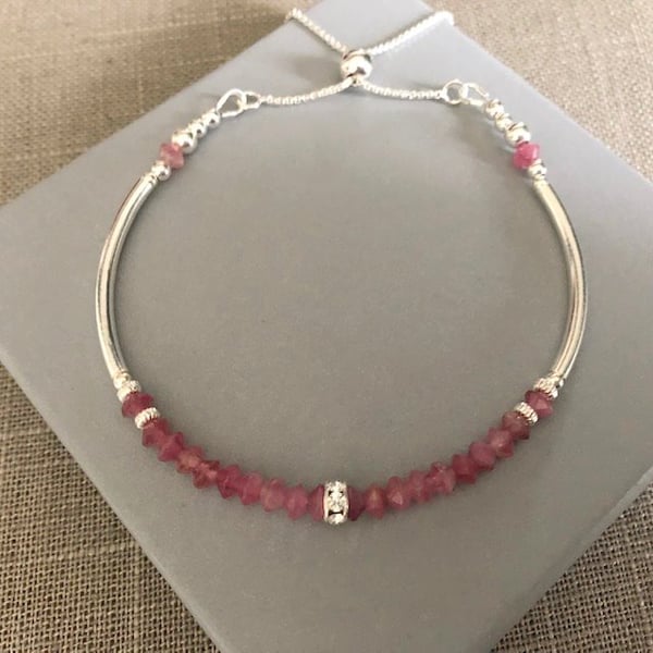 Pink Tourmaline Sterling Silver Noodle Bracelet with CZ Stone