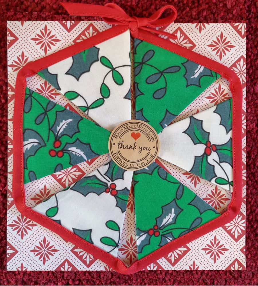 Mini Christmas Bunting Holly Design 6 Flags - Hand Crafted