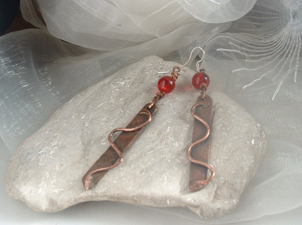 Rustic Copper Serpent Earrings with Ruby Red Glass Beads