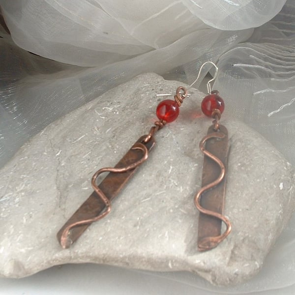 Rustic Copper Serpent Earrings with Ruby Red Glass Beads