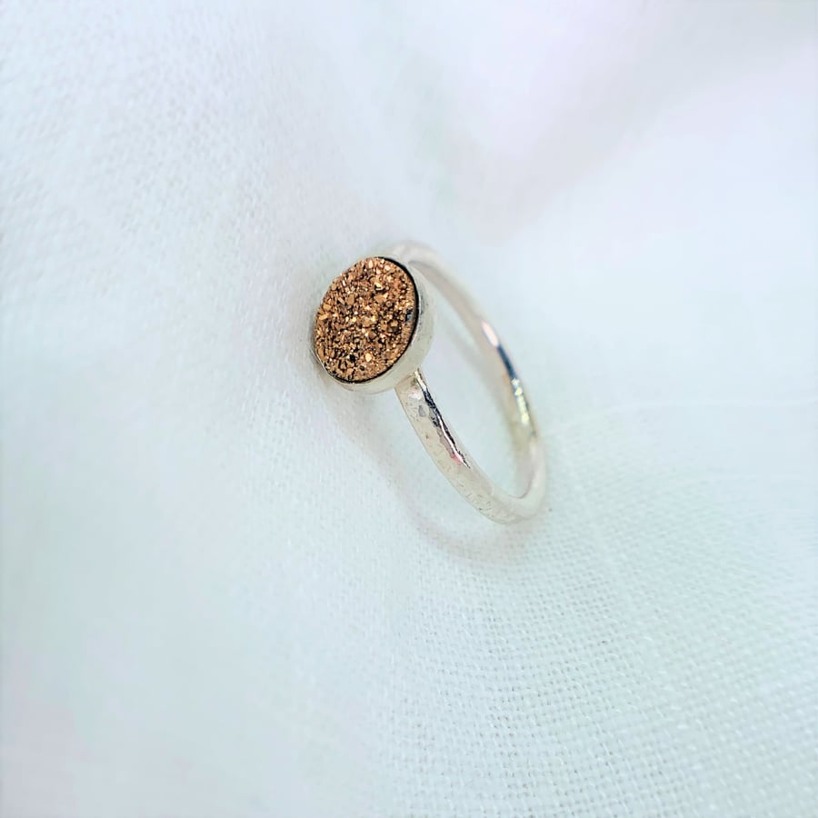 Sterling silver hammered band ring set with Gold Druzy Stone