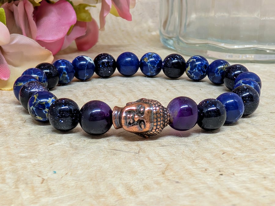 Amethyst, jasper and blue goldstone elastic Buddha bracelet 