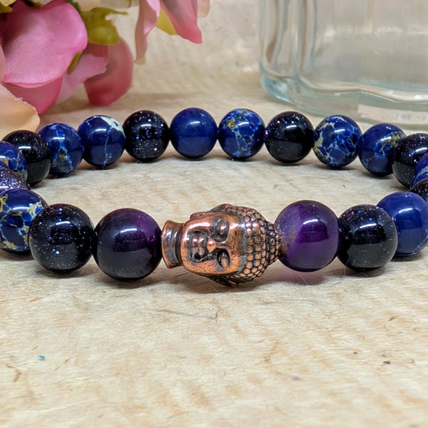 Amethyst, jasper and blue goldstone elastic Buddha bracelet 