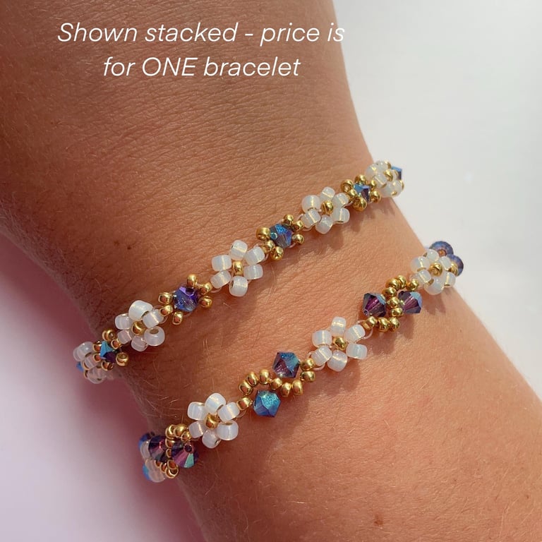 December Birthstone Bracelet, Gold & Opal Daisy Beads (Tanzanite Inspired)
