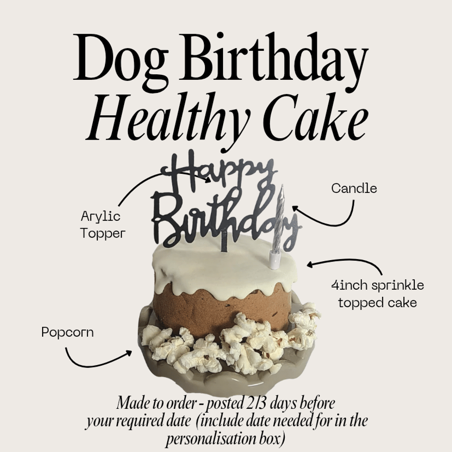 Dog Birthday Cake treat box, Homemade iced cake and popcorn with acrylic topper 