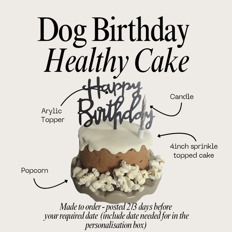 Dog Birthday Cake treat box, Homemade iced cake and popcorn with acrylic topper 