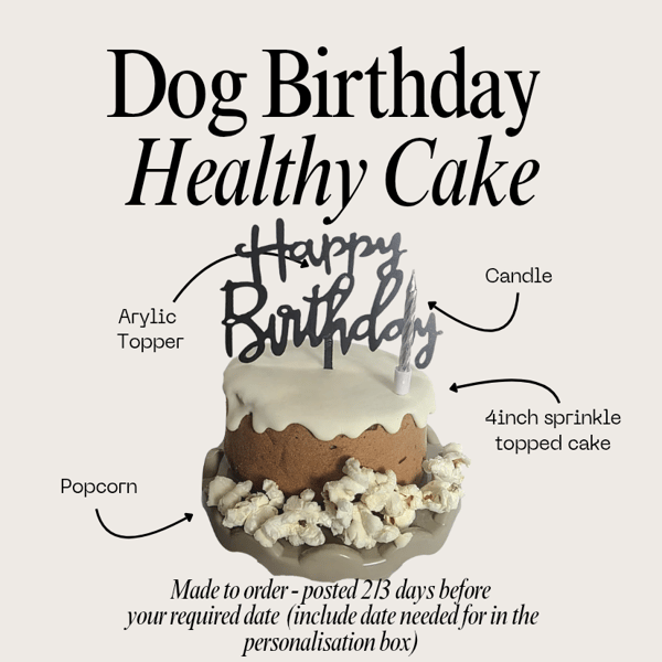Dog Birthday Cake treat box, Homemade iced cake and popcorn with acrylic topper 