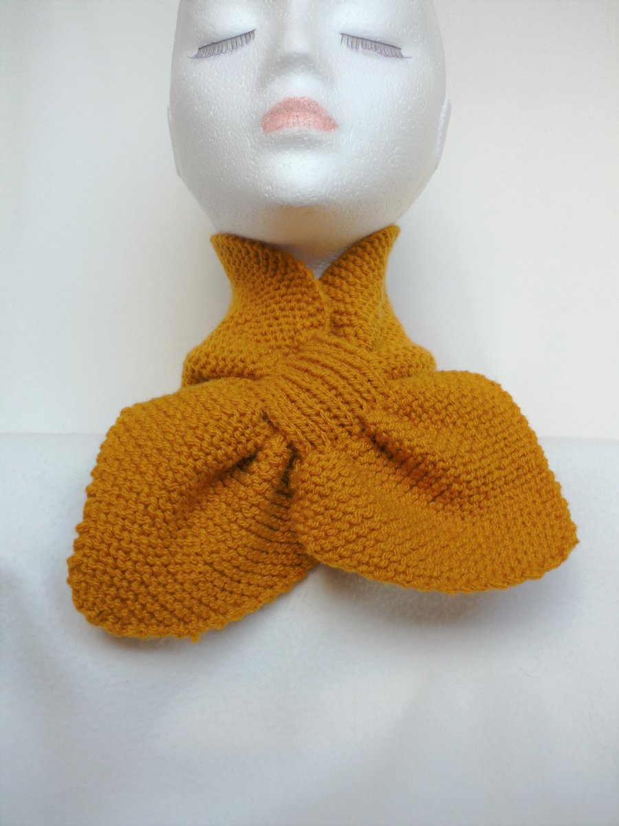 Hand-Knitted Short Scarf or Neck Warmer - Bow Tie Style - DARK MUSTARD
