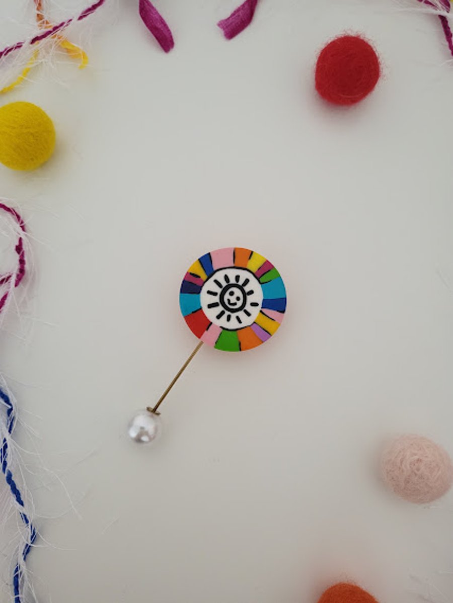Handmade Rainbow Colours Happy Vibe Polymer Clay Brooch - Joyful Aura Pin